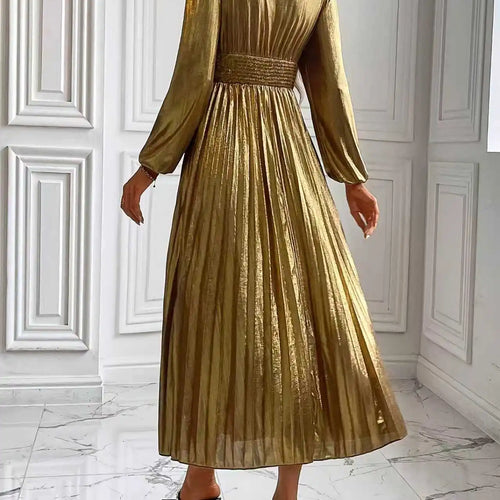Load image into Gallery viewer, Wedding Prom Party Elegant Long Dresses Women Pleated V-Neck Dresses 2025 Spring Autumn Long Sleeves Gown Gold Dress
