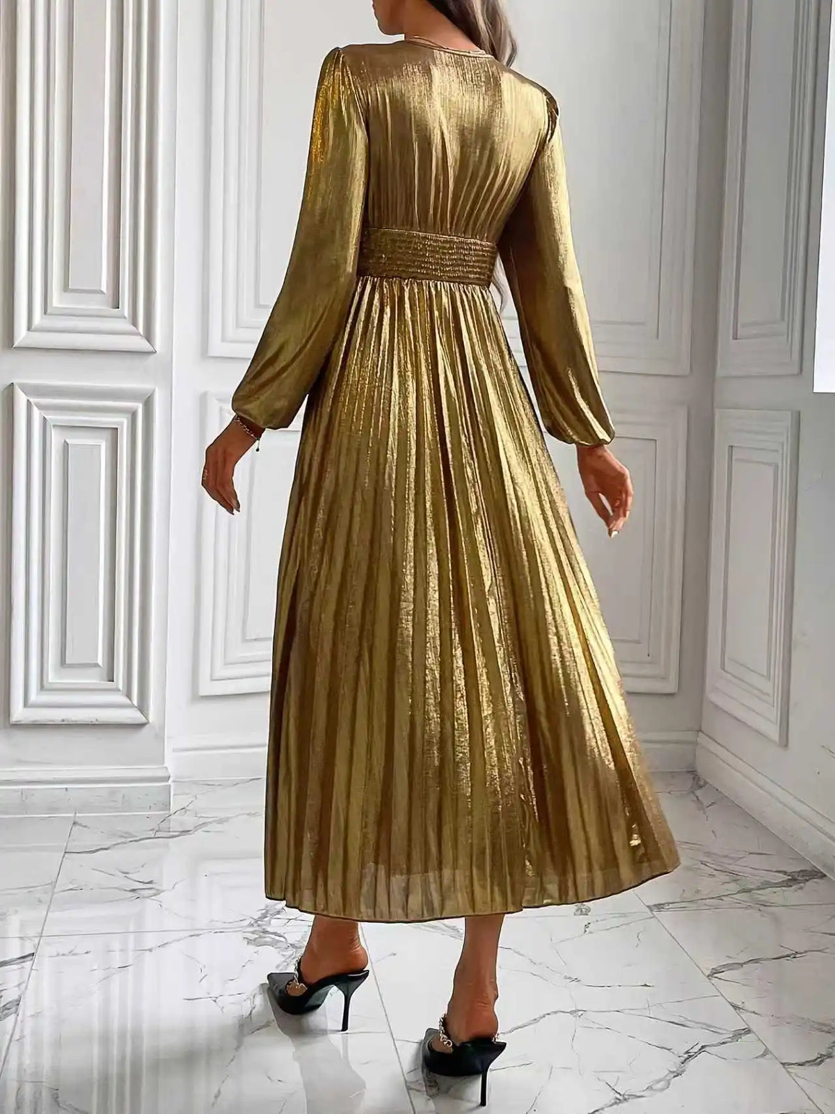 Wedding Prom Party Elegant Long Dresses Women Pleated V-Neck Dresses 2025 Spring Autumn Long Sleeves Gown Gold Dress