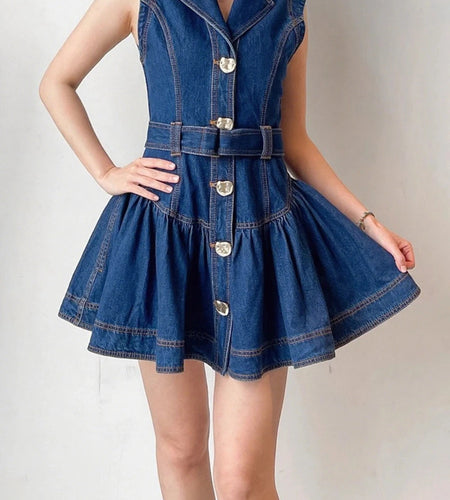 Slimming Spliced Belt Dresses for Women Lapel Sleeveless Patchwork Single Breasted Mini Dress Female Clothing New