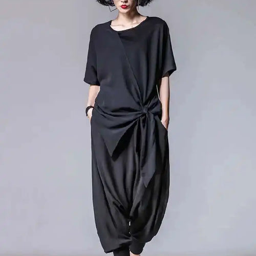 Load image into Gallery viewer, Women Black Asymmetric Chiffon Pleated Big Size T-shirt New Round Neck Short Sleeve Fashion Spring Summer 2025 1DF4730
