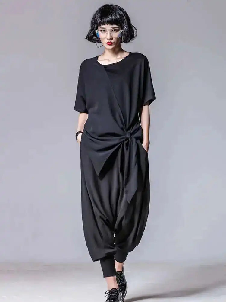 Women Black Asymmetric Chiffon Pleated Big Size T-shirt New Round Neck Short Sleeve Fashion Spring Summer 2025 1DF4730