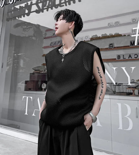 High Street Men's Vest Hollow Out Tank Top Male Summer  Niche Design Loose Round Neck Sleeveless T-shirt Trend 28W3344