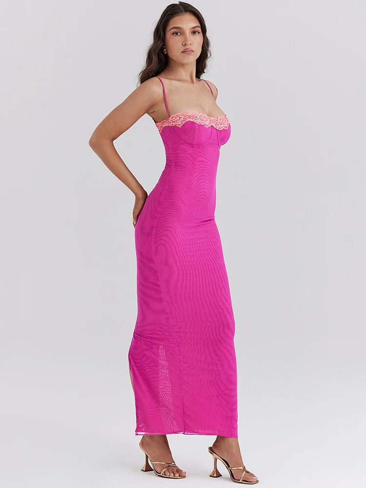 Elegant Lace Patchwork Split Dress Women's Sleeveless Backless Bodycon Evening Dress Female Slim Party Club Vestidos2024