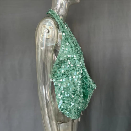 Load image into Gallery viewer, Halter Deep V Neck Sexy Crop Tops Women Sequins Beach Club Tank Tops Female Summer New Holiday Party Cropped Tops
