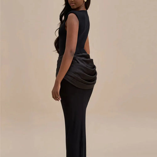 Load image into Gallery viewer, Sleeveless Ruched Sexy Maxi Dress For Women Gown Fashion Black O Neck High Waist Bodycon Club Party Long Dress Vestido
