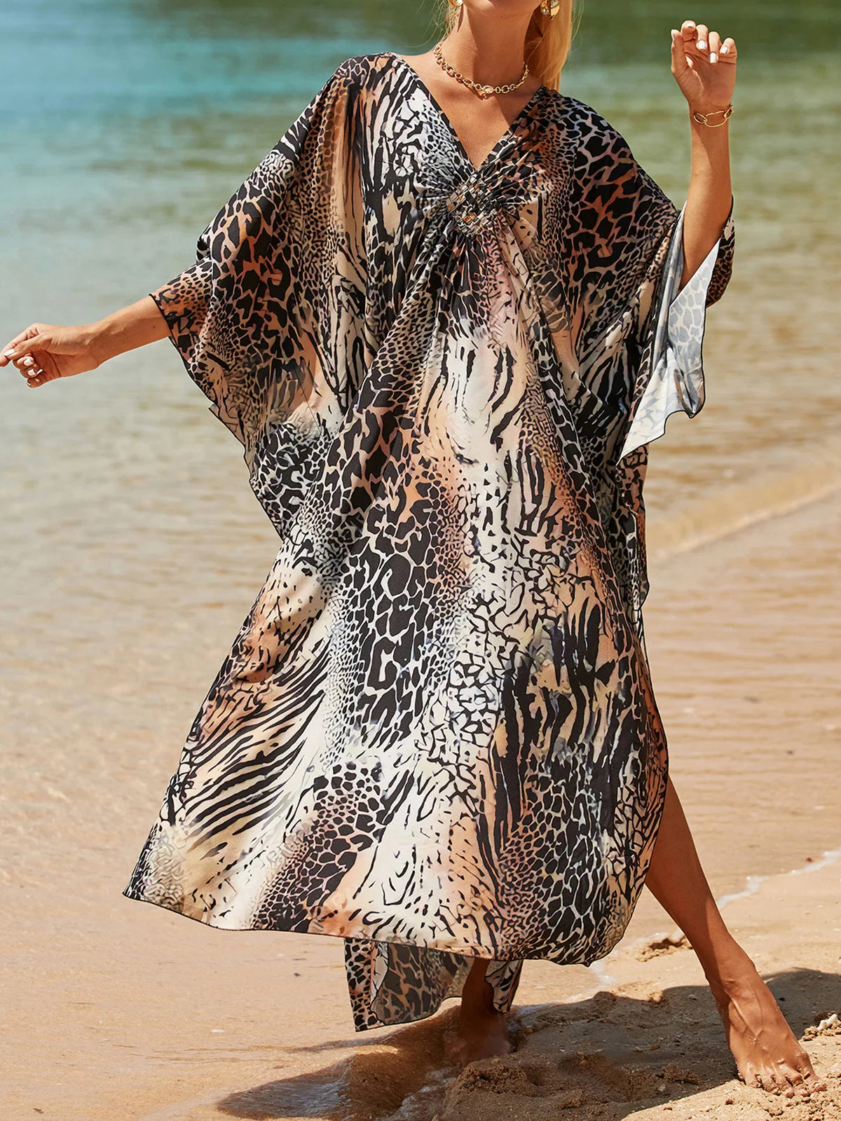 Sexy Zebra Printed V Neck Tunic Beach Cover Up Cover-ups Beach Dress Beach Wear Beachwear Beach Long Dress Female Women V4159