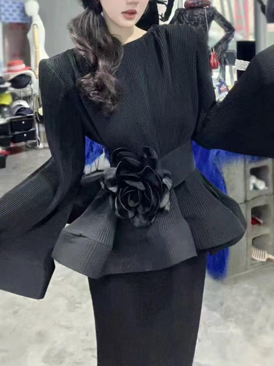 Hit Color Spliced Belt Two Piece Set For Women O Neck Long Sleeve Top High Wait Slimming Skirt Sets Female Fashion