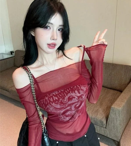 Y2k Aesthetic Two Piece Set Sexy Slash Neck Print Gauze Slash Neck TShirt + Streetwear Cropped Fairy Vest 2 Suits Summer Vintage