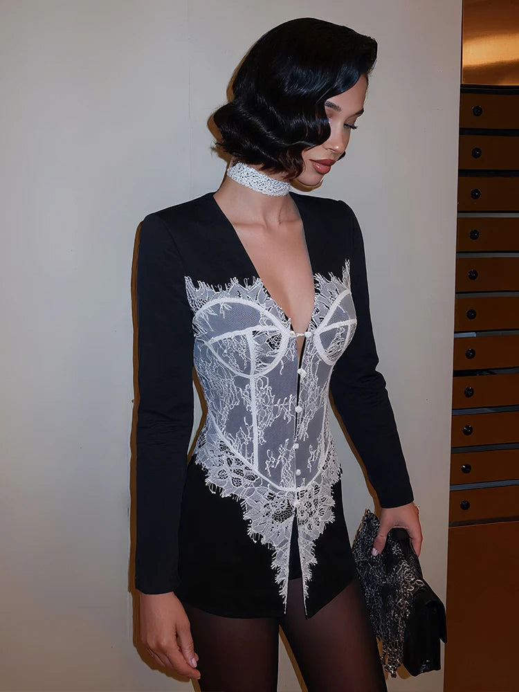 Basic Jacquard Patchwork Jacket Women V-Neck Single-Breasted Full Sleeve Fall Trend Office Street Skinny Chic Crop Coat