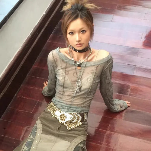 Load image into Gallery viewer, Grunge Aesthetics Mesh Tops Japanese Y2k Sheer Tops Vintage Harajuku See Through Crop Top Korean Fashion Tie Dye T-shirt
