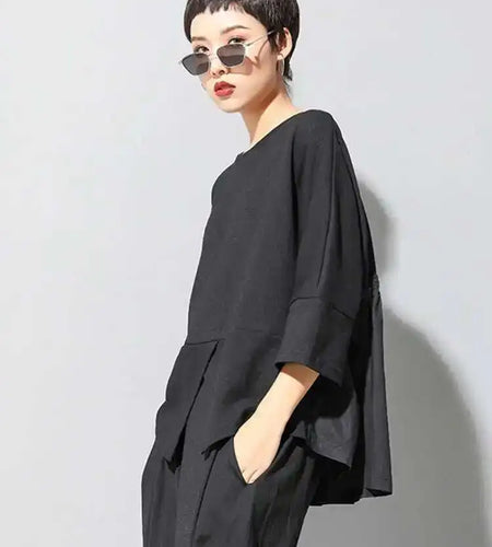 Women Black Back Ruffles Big Size Casual T-shirt New Round Neck Three-quarter Sleeve Fashion Spring Autumn 2025 1DF4682