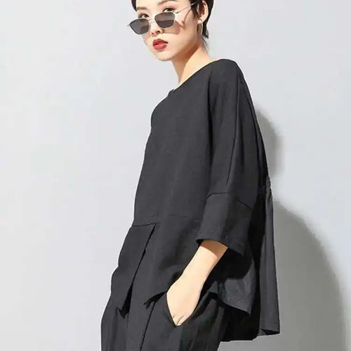 Load image into Gallery viewer, Women Black Back Ruffles Big Size Casual T-shirt New Round Neck Three-quarter Sleeve Fashion Spring Autumn 2025 1DF4682
