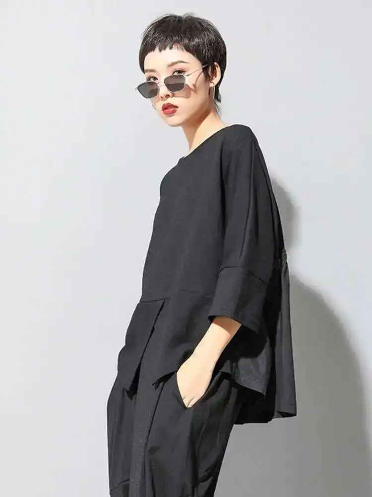 Women Black Back Ruffles Big Size Casual T-shirt New Round Neck Three-quarter Sleeve Fashion Spring Autumn 2025 1DF4682