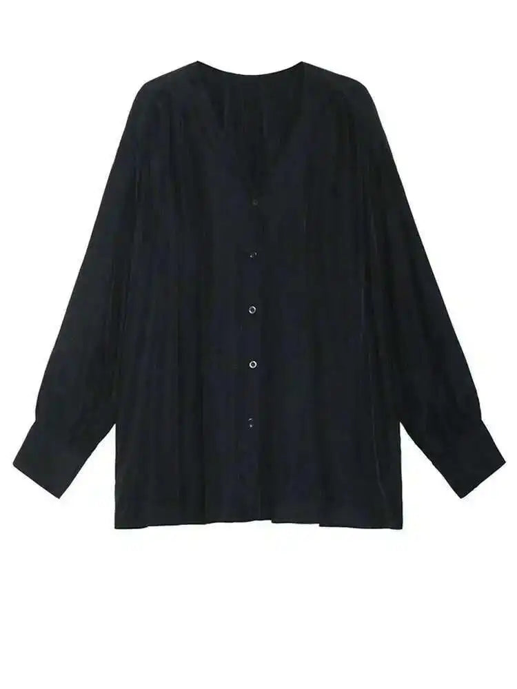 Women Black Elegant Big Size Casual Blouse New V-neck Long Sleeve Loose Fit Shirt Fashion Tide Spring Autumn 2025 1DH0656