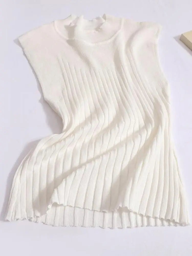 Korean Women Solid Striped Round Neck Knitted Vest 2024 Summer Sleeveless Basic Pullover Tank Tops Versatile Streetwear clothes