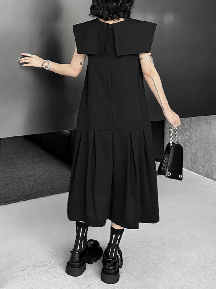 Women Black Brief Pleated Elegant Midi A-line Dress New Sailor Collar Sleeveless Fashion Tide Spring Summer 2025 1DJ1163