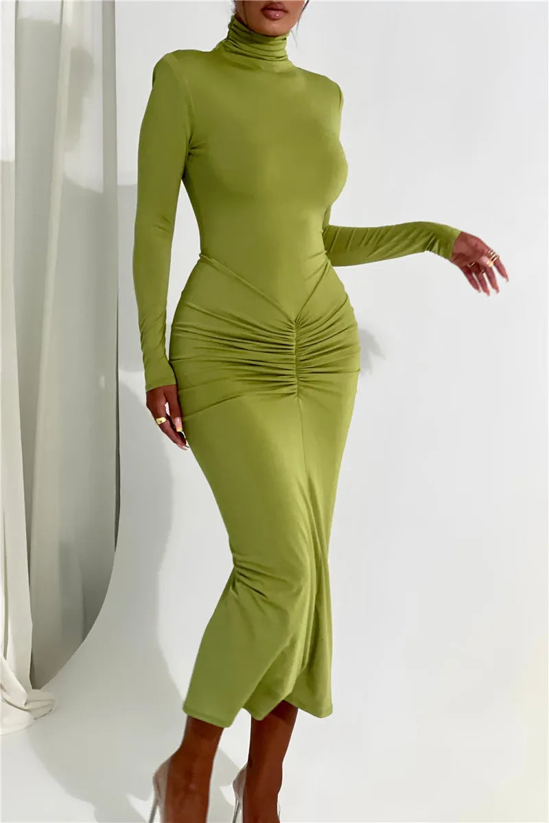 Elegant Turtleneck Long Sleeve Bodycon Maxi Dress Women Autumn Winter New Ruched Club Party Sexy Dress Vestidos