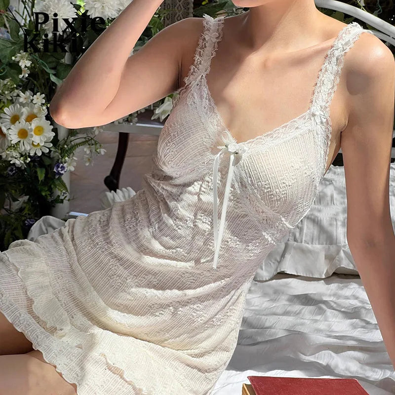 Deep V Backless Ruffle Dress White Coquette Y2k Summer Clothes Sleeveless Micro Mini Dresses for Women 2024 P84-CH15