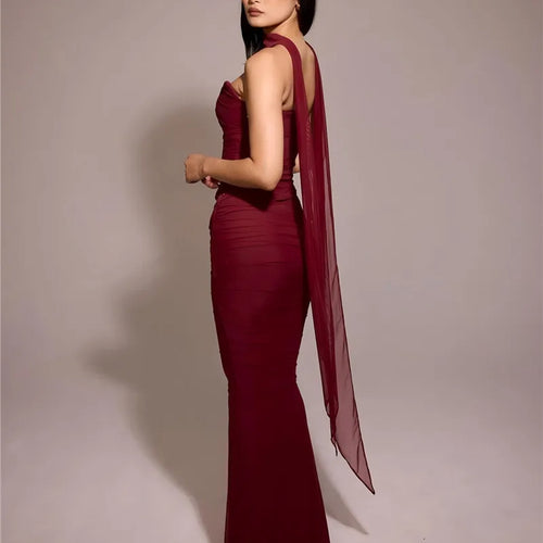 Load image into Gallery viewer, Wine Red Sexy Two Piece Sets Women Neckerchief Strapless Crop Tops And Maxi Skirt Sets Club Party Skirt Two Piece Sets
