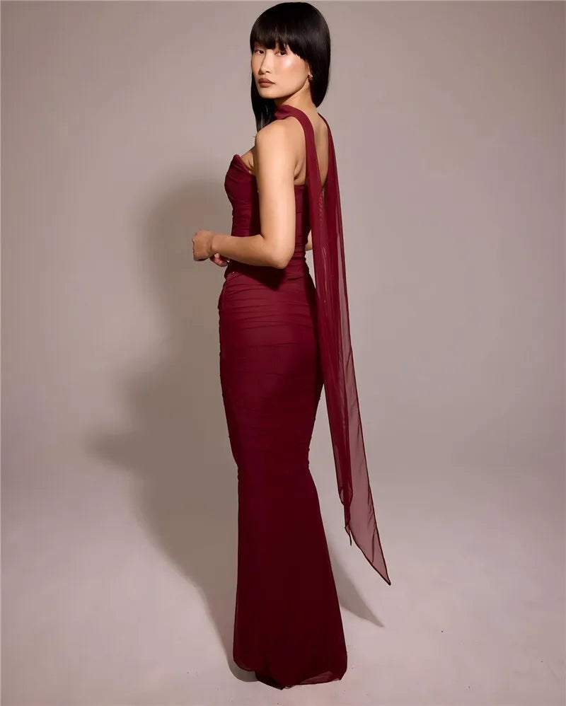 Wine Red Sexy Two Piece Sets Women Neckerchief Strapless Crop Tops And Maxi Skirt Sets Club Party Skirt Two Piece Sets