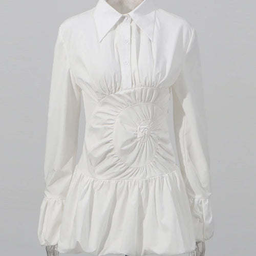 Load image into Gallery viewer, White Fold Design Dress Female Lapel Long Sleeve High Waist Slim Mini Flower Bud Dresses For Women Autumn New 2025
