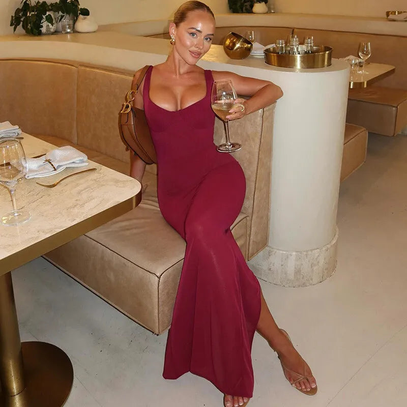 Mesh See Through Sexy Maxi Dress For Women Burgundy Spaghetti Strap Sleeveless Backless Elegant Club Party Long Dress