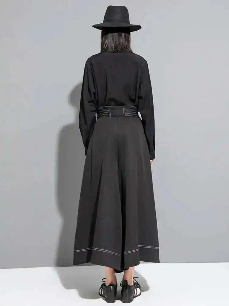 High Waist Black Topstitched Bandage Long Wide Leg Pants New Loose Fit Trousers Women Fashion Spring Autumn 2025 1DF7722
