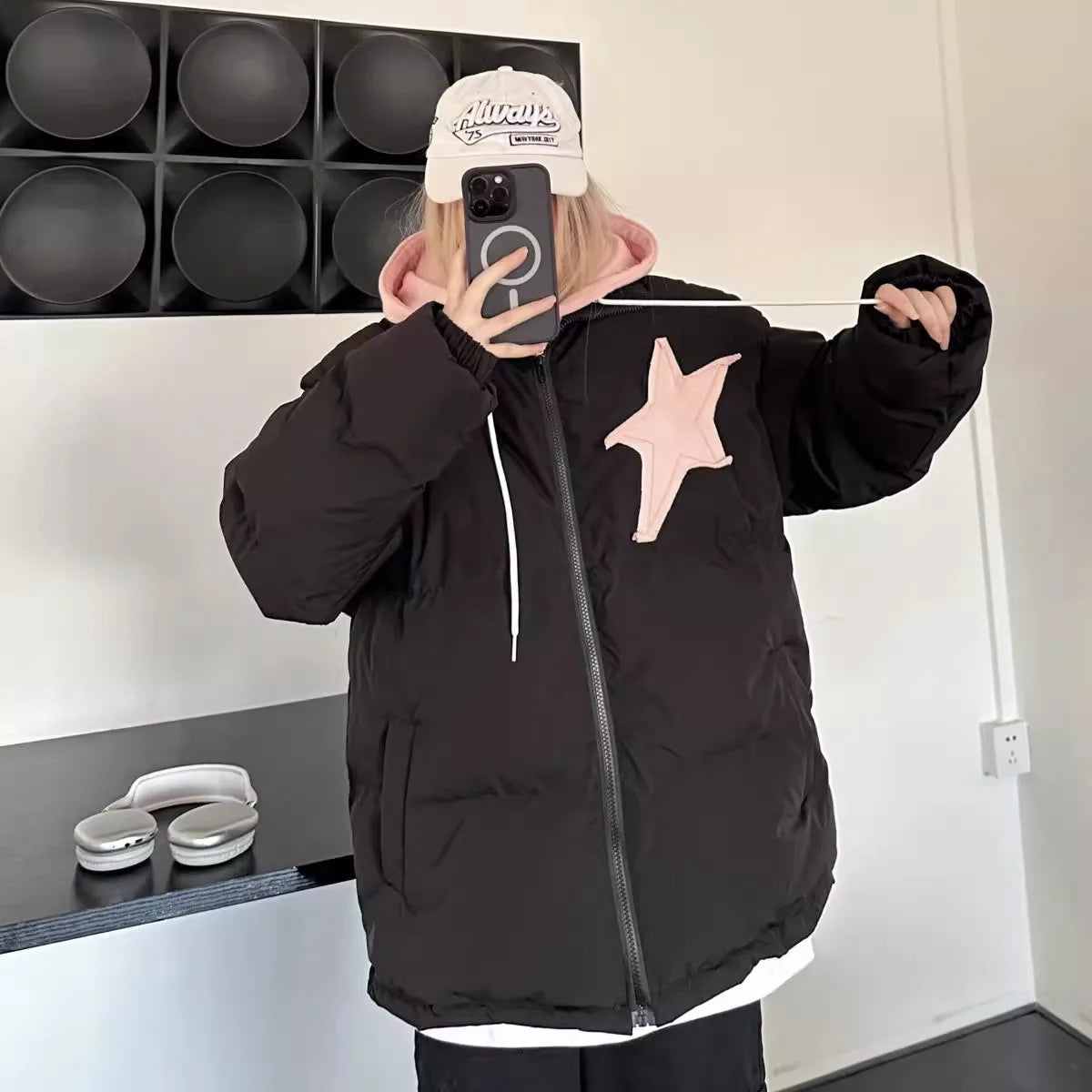 Winter Retro Thick Black Patchwork Jacket Korean Clothes Women Long Sleeves Hooded Cotton Parkas Ladies Zipper Coat Streetwear