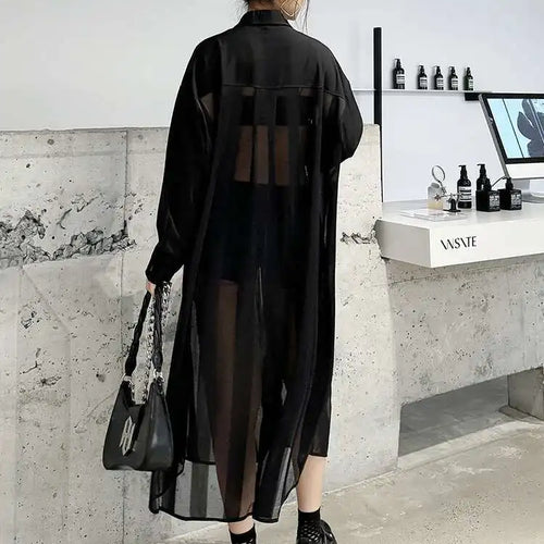 Load image into Gallery viewer, Women Army Green Mesh Color-block Big Size Long Shirt Dress New Lapel Long Sleeve Fashion Tide Spring Autumn 2025 1DH6066
