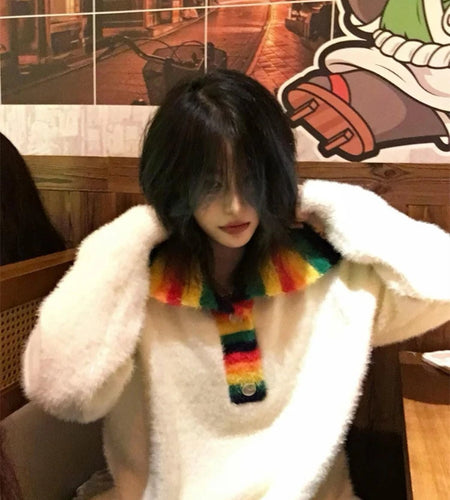 Turn Down Collar Harajuku Sweaters Contrast Color Iridescence Casual Vintage Pullovers Oversized Grunge Button Knitwear Women