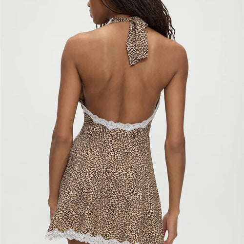 Load image into Gallery viewer, Leopard Print Backless Sexy Mini Dress For Woman Robe Contrast Color Halter Deep V Neck Sleeveless A-line Club Dress
