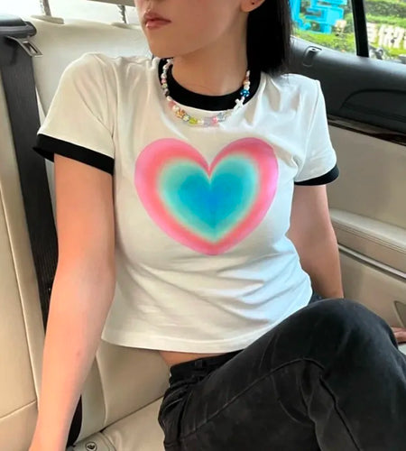 Y2k Aesthetics Tops Grunge Gradient Love Print T-shirt 2000s Fairycore Patchwork Tshirt Japanese Harajuku Crop Top 00s
