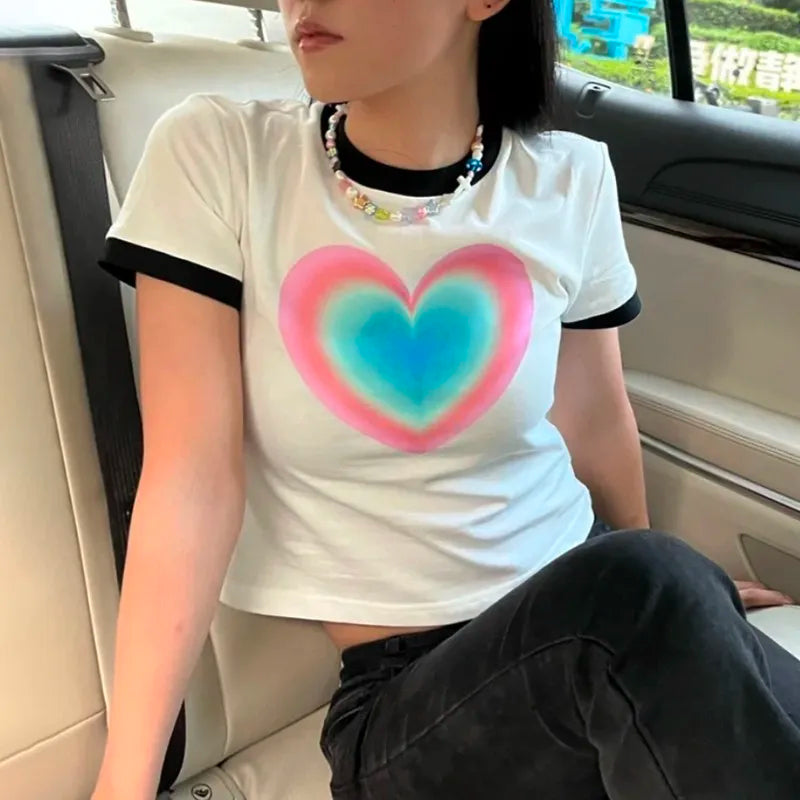 Y2k Aesthetics Tops Grunge Gradient Love Print T-shirt 2000s Fairycore Patchwork Tshirt Japanese Harajuku Crop Top 00s