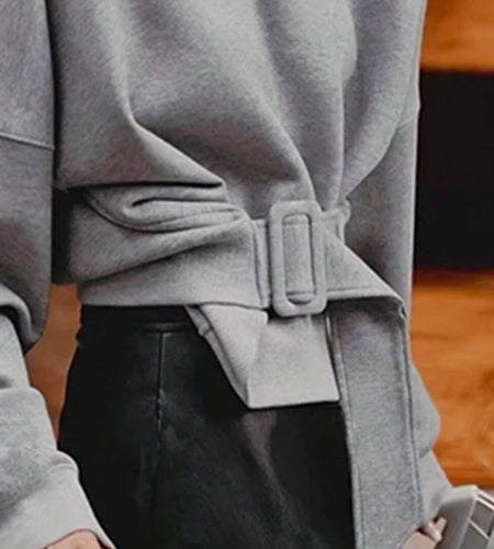 Winter Fall Women's Sweatshirts Tops 2025 Gray Belt Buckle Round Neck Long Sleeves Hoodies Pullovers Female Spring