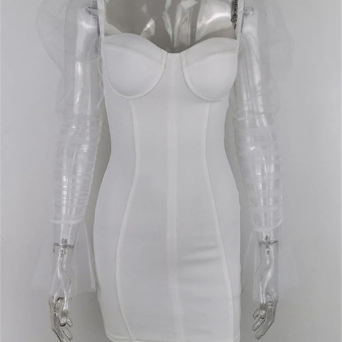 Load image into Gallery viewer, Sexy Mesh Puff Sleeve Party Dress Women Low Collar Backless Patchwork Red Mini Dress Nightclub 2020 Spring Vestidos
