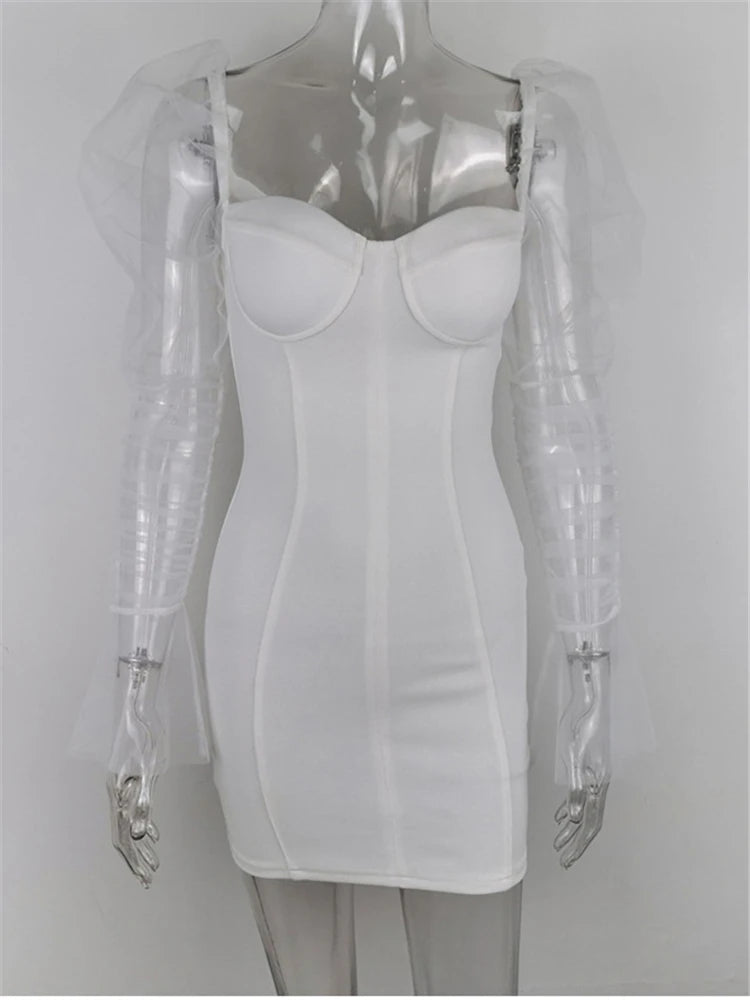 Sexy Mesh Puff Sleeve Party Dress Women Low Collar Backless Patchwork Red Mini Dress Nightclub 2020 Spring Vestidos