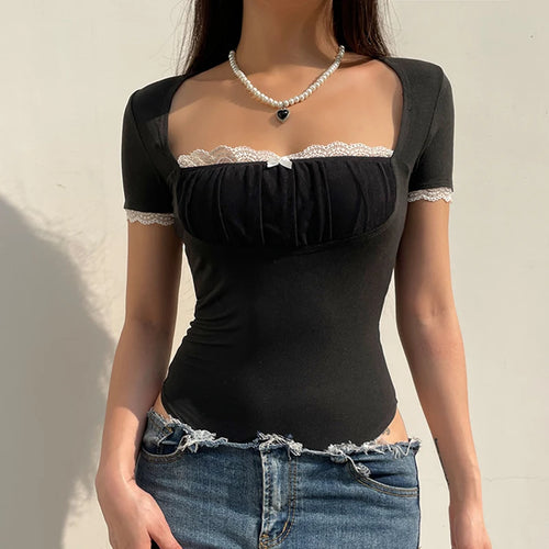 Load image into Gallery viewer, Fashion Square Neck Summer Bodysuit Women Lace Trim Bow Folds One Piece Body Streetwear French Rompers Elegant Tops
