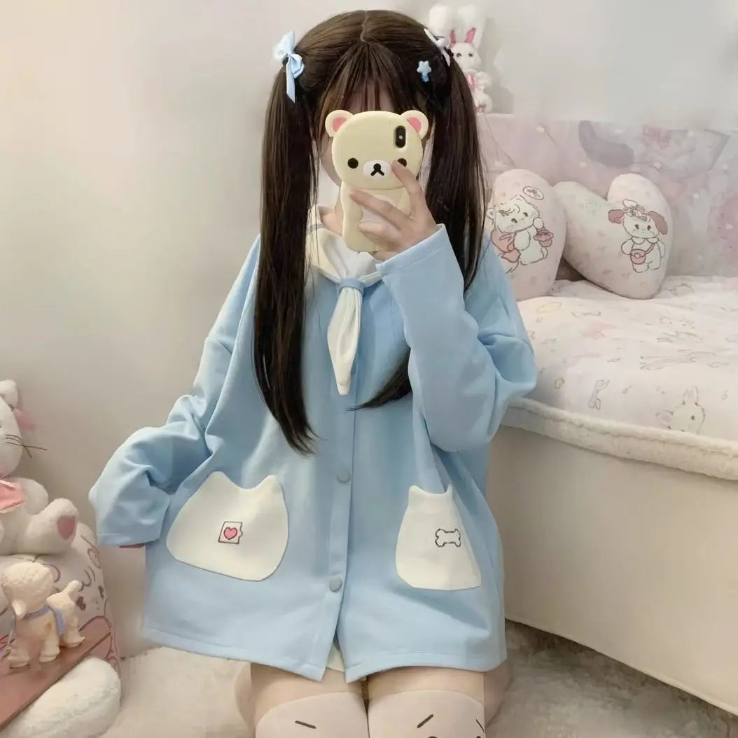 Japanese Cute Jackets for Women Sailor Collar Fake Two Outwear Y2k Tops 2024 Ropa Mujer Fashion Casual Sweet Oversized Coats