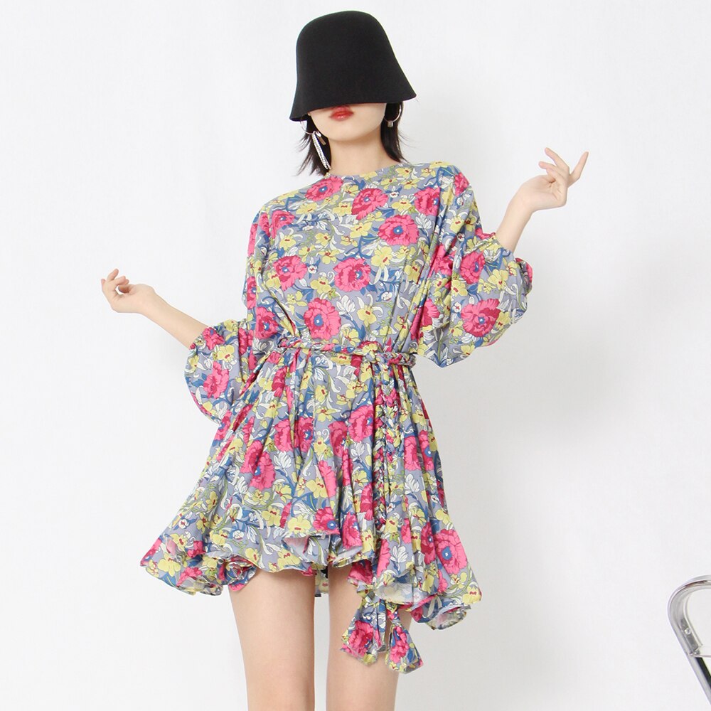 Loose Mini Dress For Women Round Neck Lantern Sleeve High Waist Colorblock Mini Dresses Female Spring Clothing