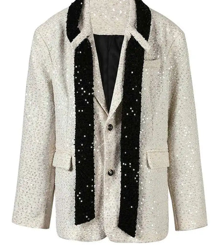 Women Beige Sequins Big Size Elegant Blazer New Lapel Long Sleeve Loose Fit Jacket Fashion Tide Spring Autumn 2025 CPG0776