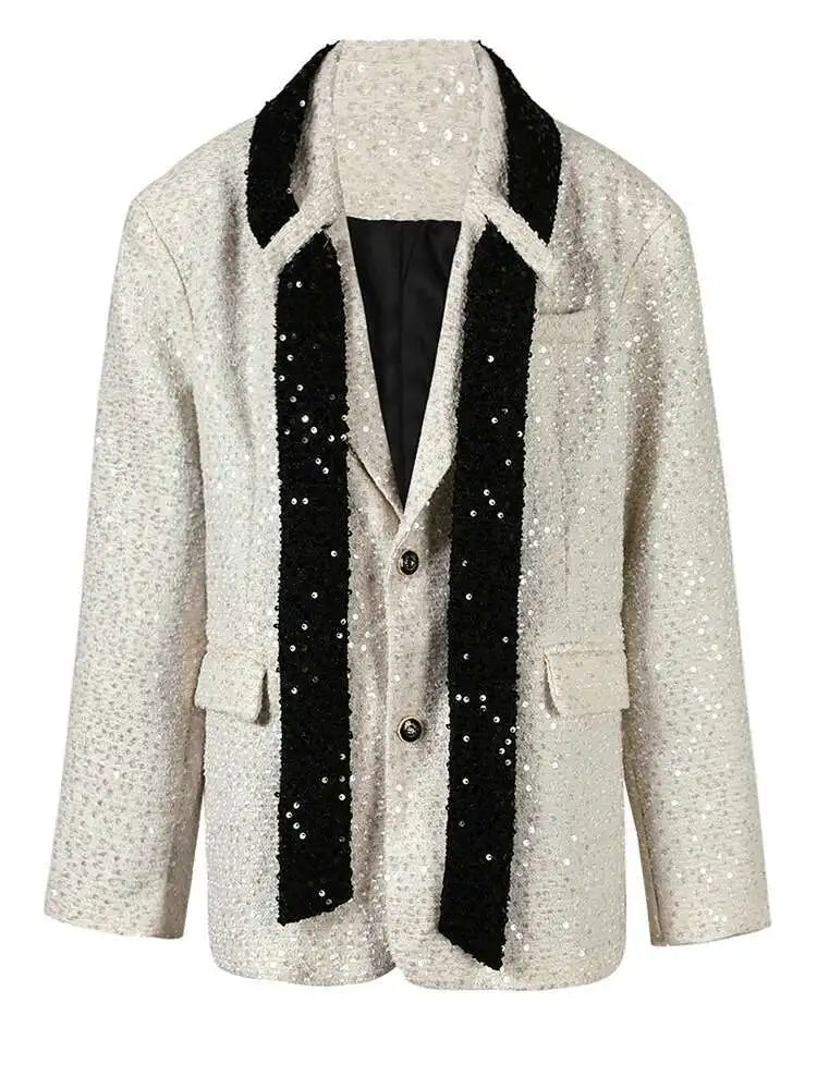 Women Beige Sequins Big Size Elegant Blazer New Lapel Long Sleeve Loose Fit Jacket Fashion Tide Spring Autumn 2025 CPG0776