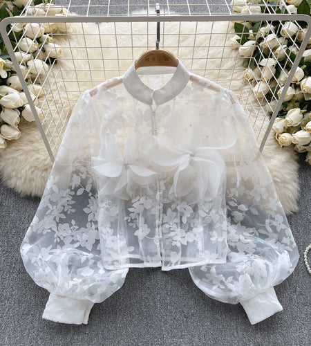 Autumn Women French Retro Mesh 3d Flower Design Blouse Long Sleeve 2023 Elegant Holiday Print Single Breasted Shirt Romantic Y2k