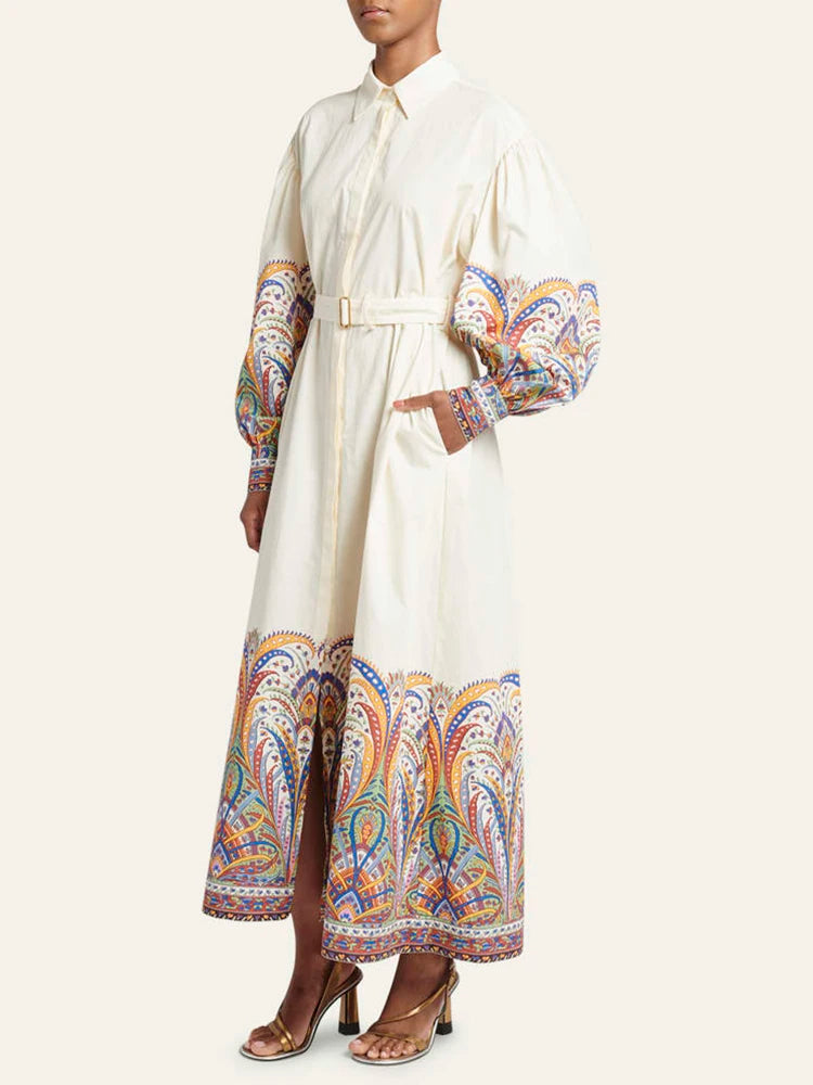 Patchwork Belt Colorblock Casual Dresses For Women Lapel Lantern Sleeve High Waist Minimalist Dress Female Fashion Clothing