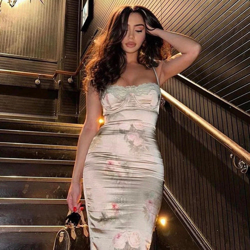 Load image into Gallery viewer, Spaghetti Strap Lace Print Midi Dress for Women Robe Strapless Backless High Waist Bodycon Club Party Long Dress
