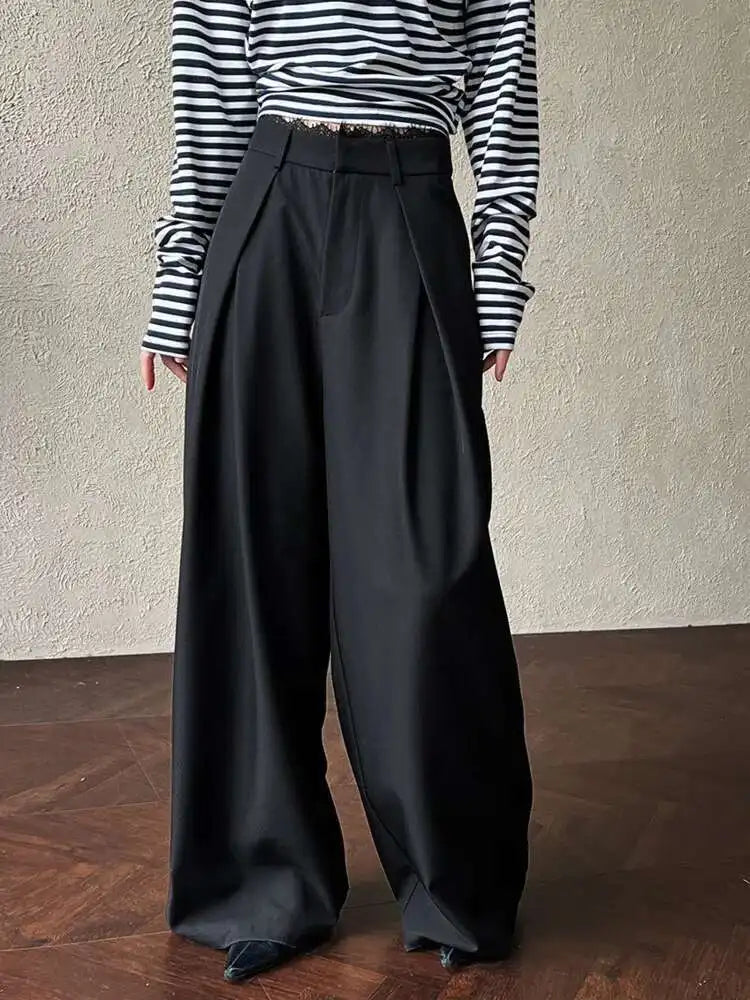 High Waist Black Lace Spliced Pleated Long Wide Leg Pants New Trousers Women Fashion Tide Spring Autumn 2025 1DJ0100