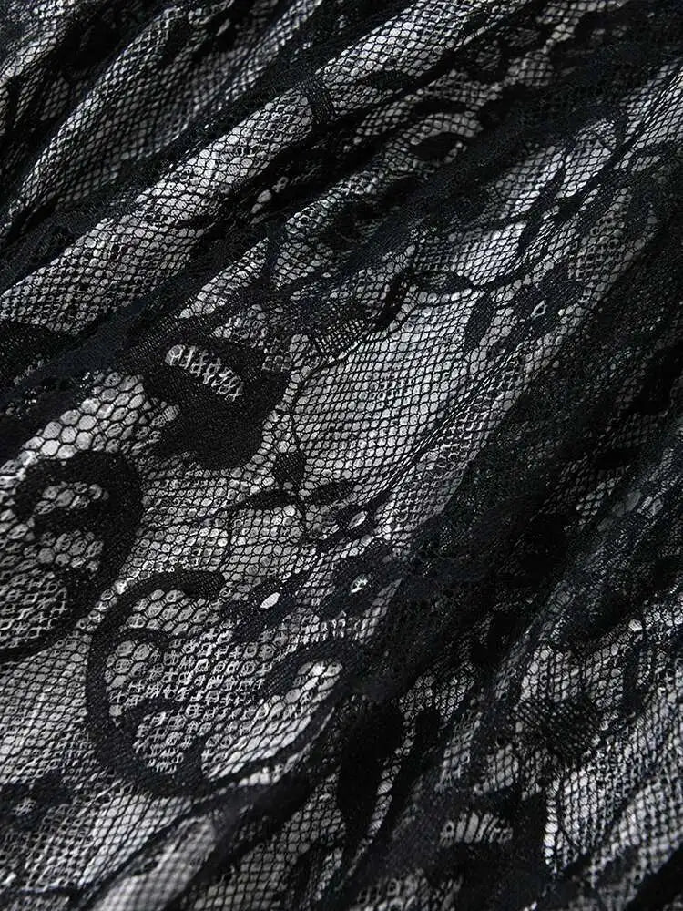 Women Black Lace Pleated Big Size Shirt Dress New Lapel Half Sleeve Loose Fit Fashion Tide Spring Summer 2025  1DF8749