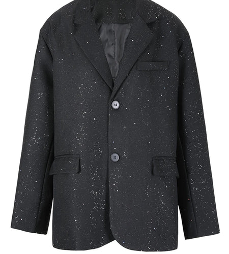 Women Black Shining Big Size Elegant Blazer New Lapel Long Sleeve Loose Fit Jacket Fashion Tide Spring Autumn 2025 CPG0664