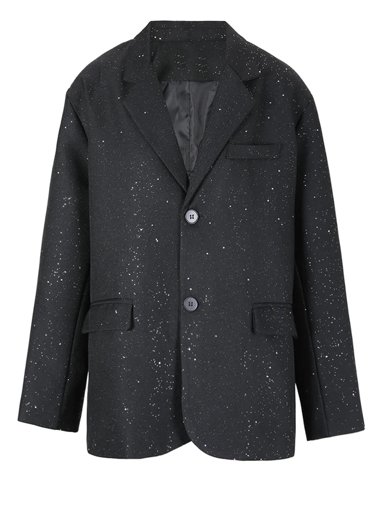 Women Black Shining Big Size Elegant Blazer New Lapel Long Sleeve Loose Fit Jacket Fashion Tide Spring Autumn 2025 CPG0664