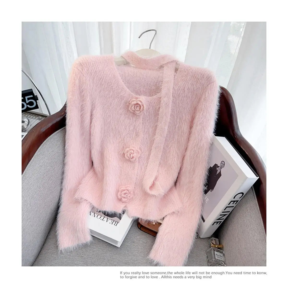 French Vintage Women Solid Elegant Long Sleeve Knitted Mink Sweater 2024 New Autumn Winter Ladies Round Neck Flower Cardigan Top