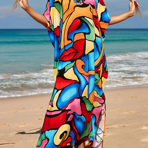 Load image into Gallery viewer, Colorful Kaftan Tunic Beach Cover Up Cover-ups Beach Dress Beach Wear Beachwear Loose Maxi Dress Female Women V4428
